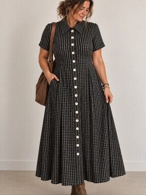 Vintage Sophia Rose Collared Button Down Checkered Dress Modest Size 14